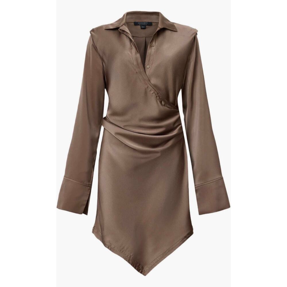 AllSaints Tira Long Sleeve Mini Shirtdress Brown Size 4